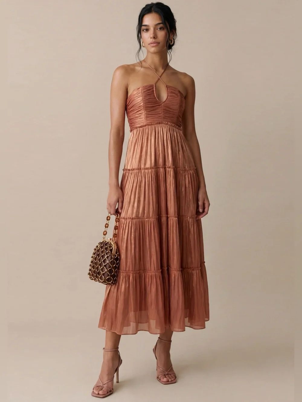 Few Moda o.p.t NWT East Copper Cowboy Metallic Tiered Spaghetti-Strap Midi Dress - Picture 1 of 10